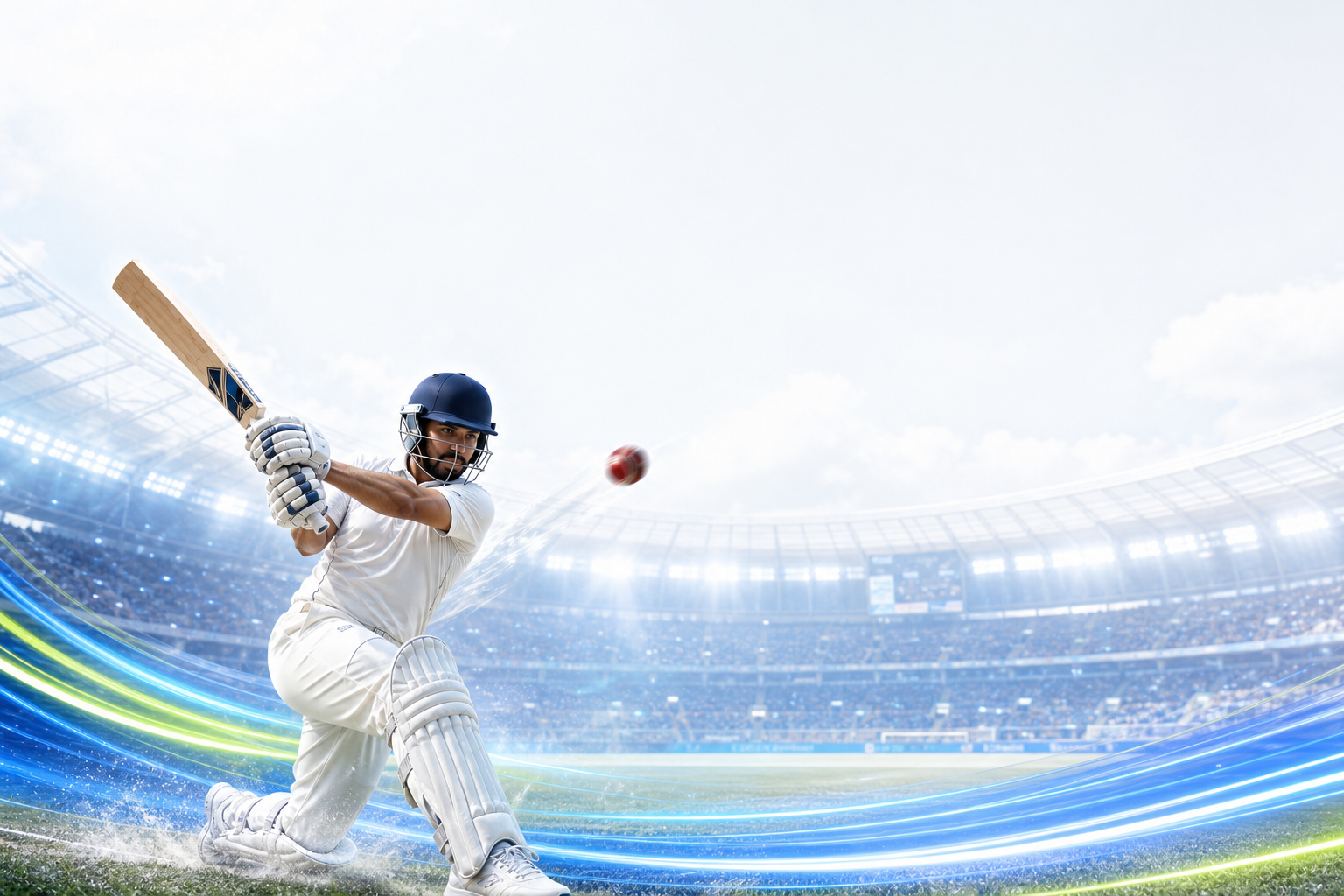 Cricketer batting in a bright modern stadium
